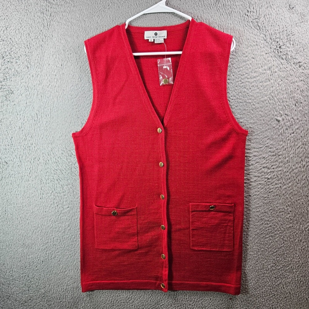 NEW VTG Saks Fifth Avenue 100% Wool Long Vest Women Medium‎ Gold Button Red